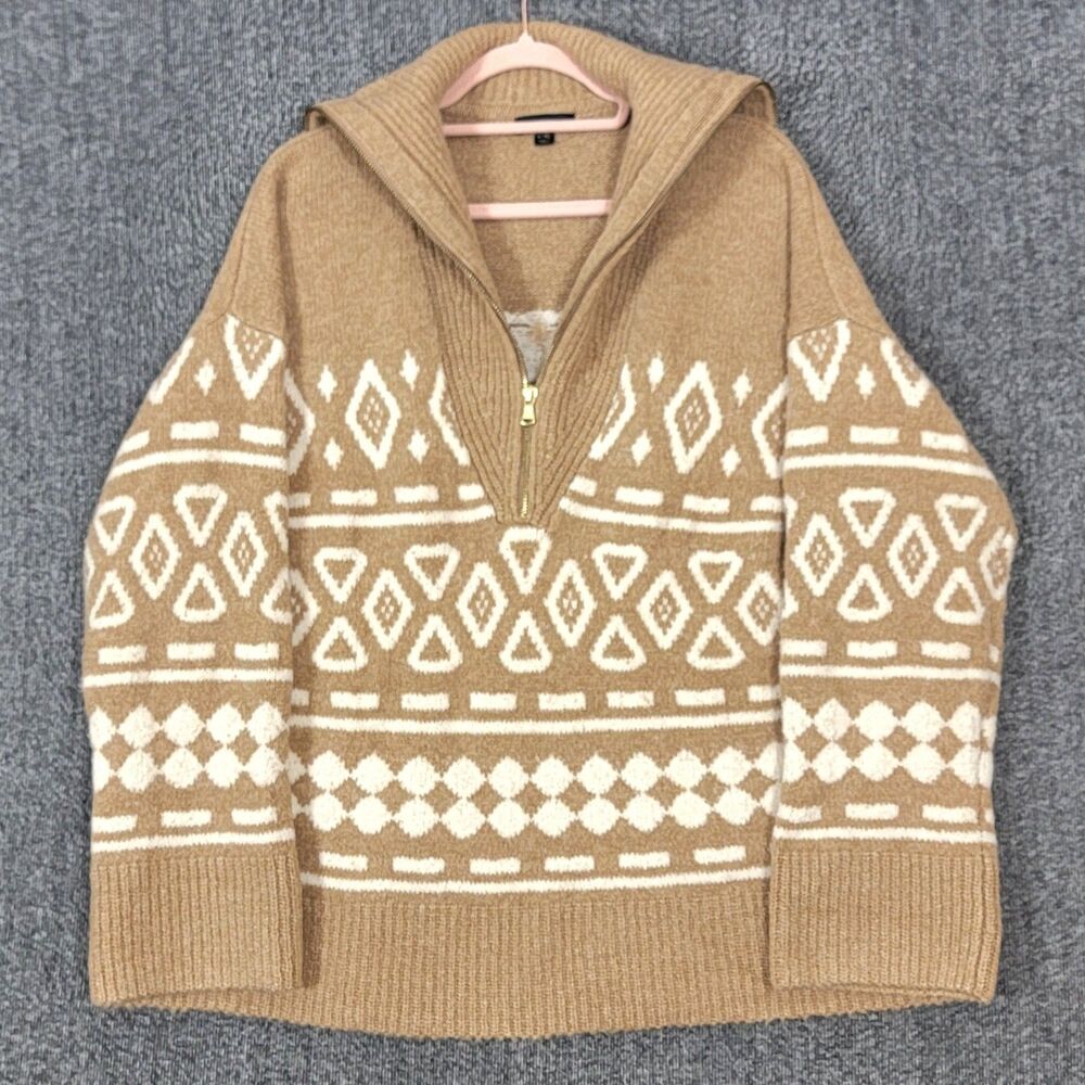 J Crew Sweater Womens L - XL Brown Alpaca Wool Blend Half Zip Geometric Knit